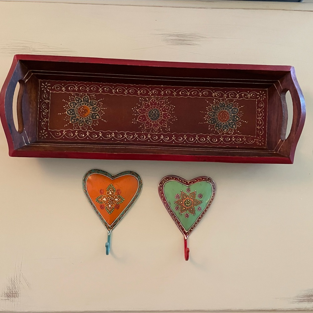 Bohemian decor / art serving tray and wall hooks